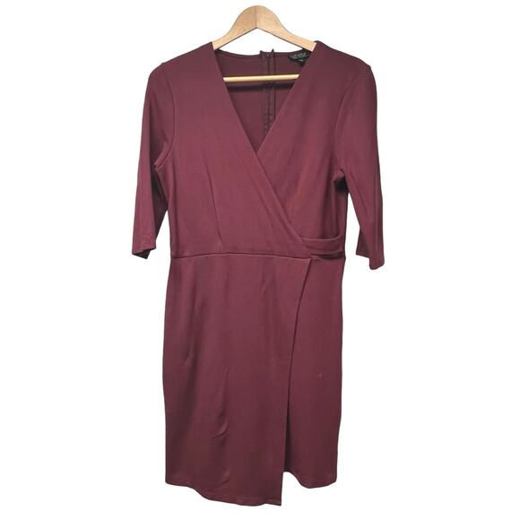 Topshop Dresses & Skirts - Topshop Women Ponte Faux Wrap Dress Size 10 Maroon V-Neck 3/4 Sleeves Work